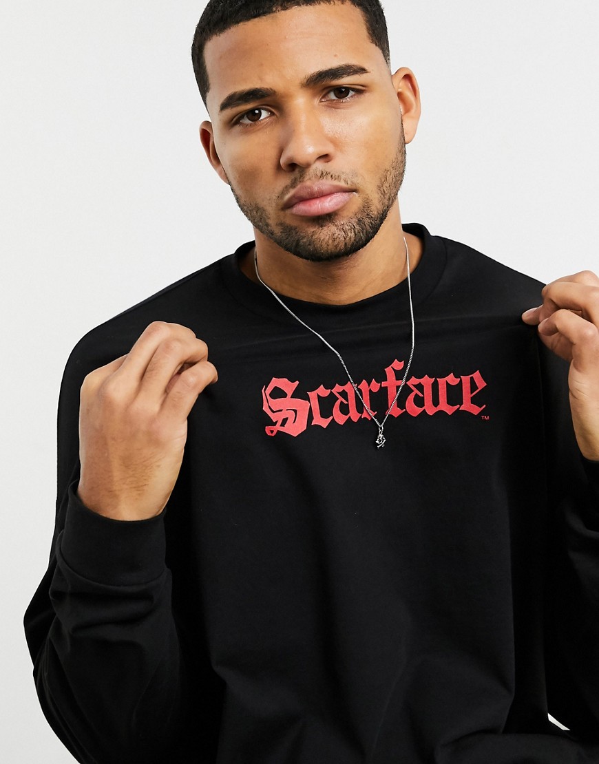 ASOS DESIGN Scarface oversized long sleeve t-shirt with back and chest print-Black