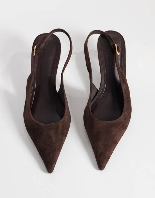 ASOS DESIGN Scarlet premium real suede slingback kitten heels in chocolate, 2 of 4