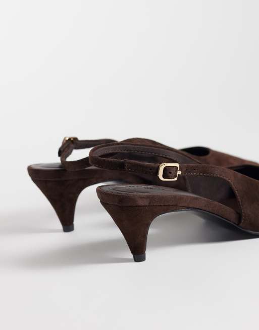 ASOS DESIGN Scarlet premium real suede slingback kitten heels in chocolate, 4 of 4