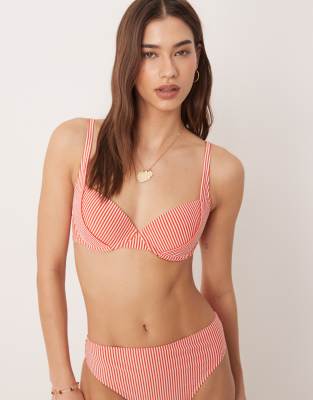 ASOS DESIGN - Scarlet - Sintra - Wattiertes Push-up-Bikinioberteil in Orange mit Bügel und Streifenmuster
