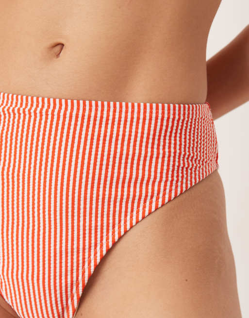 ASOS DESIGN Scarlet stripe Azores high waisted high leg bikini bottom in orange, 3 of 4