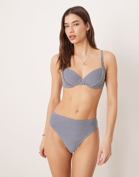 ASOS DESIGN Scarlet stripe Azores high waisted high leg bikini bottoms in Indigo - view 1