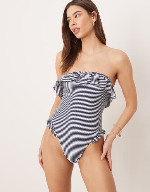 ASOS DESIGN Scarlet stripe bandeau frill swimsuit in indigo, 4 of 4
