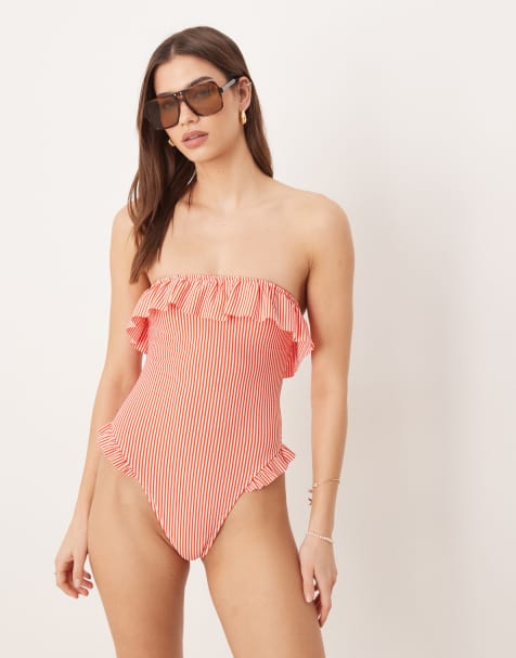 ASOS DESIGN Scarlet stripe bandeau frill swimsuit in orange - view 1