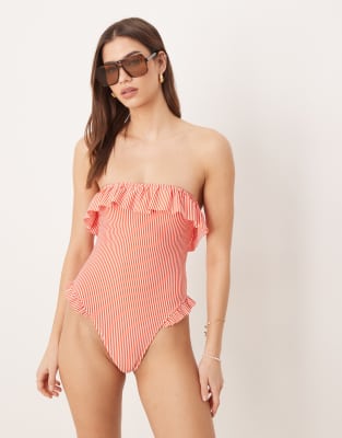 Asos Design Scarlet Stripe Bandeau Ruffle Swimsuit In Pink