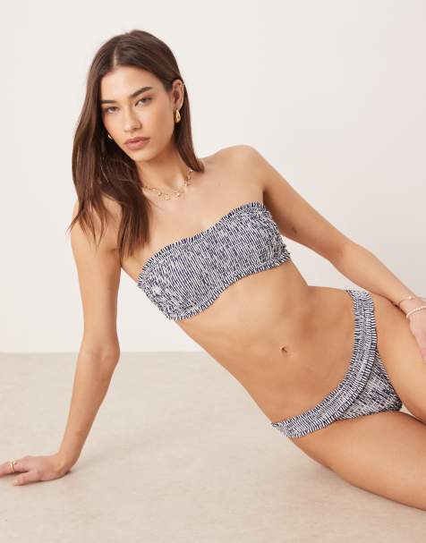 ASOS DESIGN Scarlet stripe shirred bandeau bikini top in Indigo - view 1