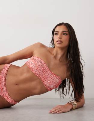 Asos Design Scarlet Stripe Shirred Bandeau Bikini Top In Red