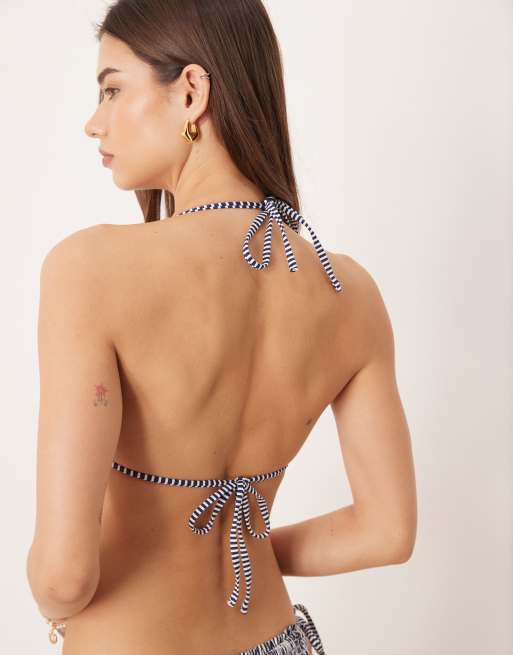 ASOS DESIGN Scarlet stripe shirred triangle bikini top in indigo, 2 of 4