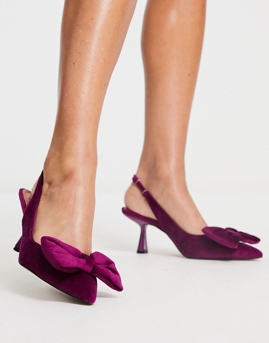 Asos Design Scarlett Bow Detail Mid Heeled Shoes In Magenta Velvet-pink