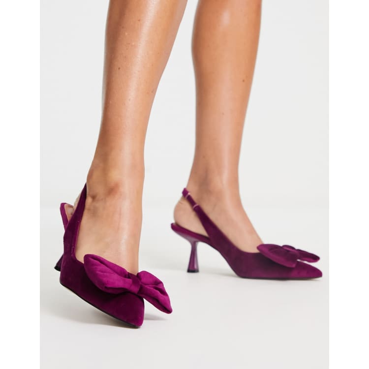 ASOS DESIGN Scarlett bow detail mid heeled shoes in magenta velvet