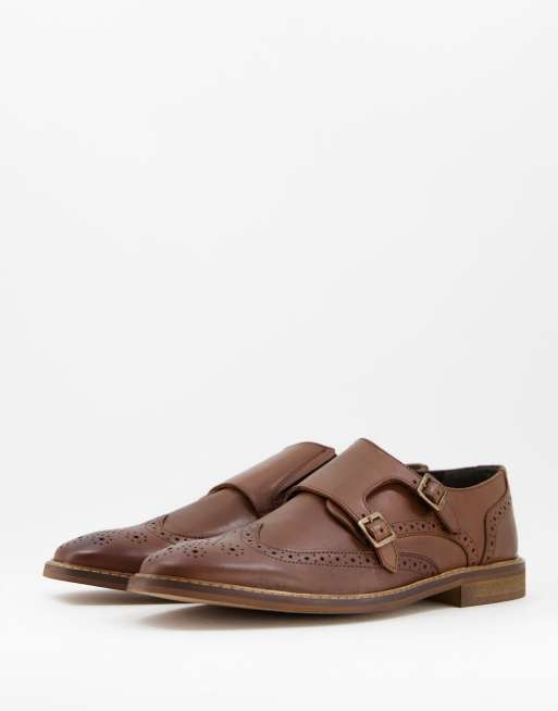 ASOS DESIGN - Scarpe con fibbie in pelle marrone con dettagli brogue