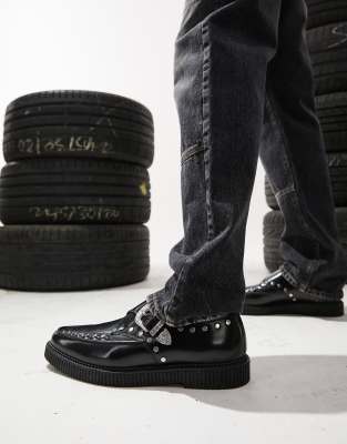 ASOS DESIGN - Scarpe con fibbie in pelle nera con dettagli stile western