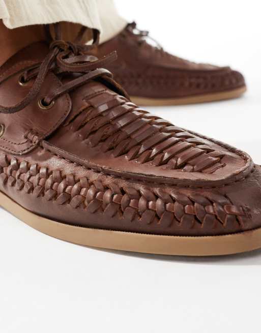 ASOS DESIGN - Scarpe da barca stringate in pelle color cuoio con design intrecciato, 4 di 4
