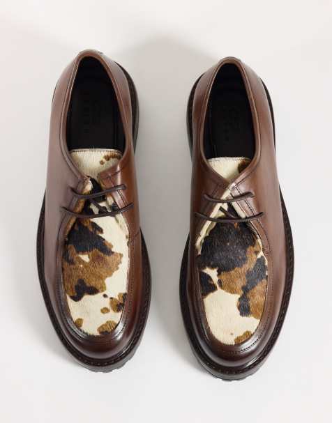 ASOS DESIGN scarpe stringate con cucitura a grembiule, suola a carrarmato, stampa mucca e pelle marrone - view 1