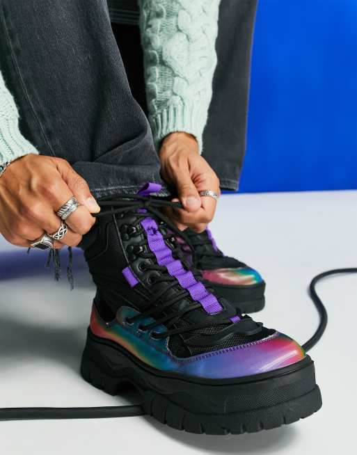 ASOS DESIGN - Scarponcini stringati con suola spessa in rete nera con pannello iridescente