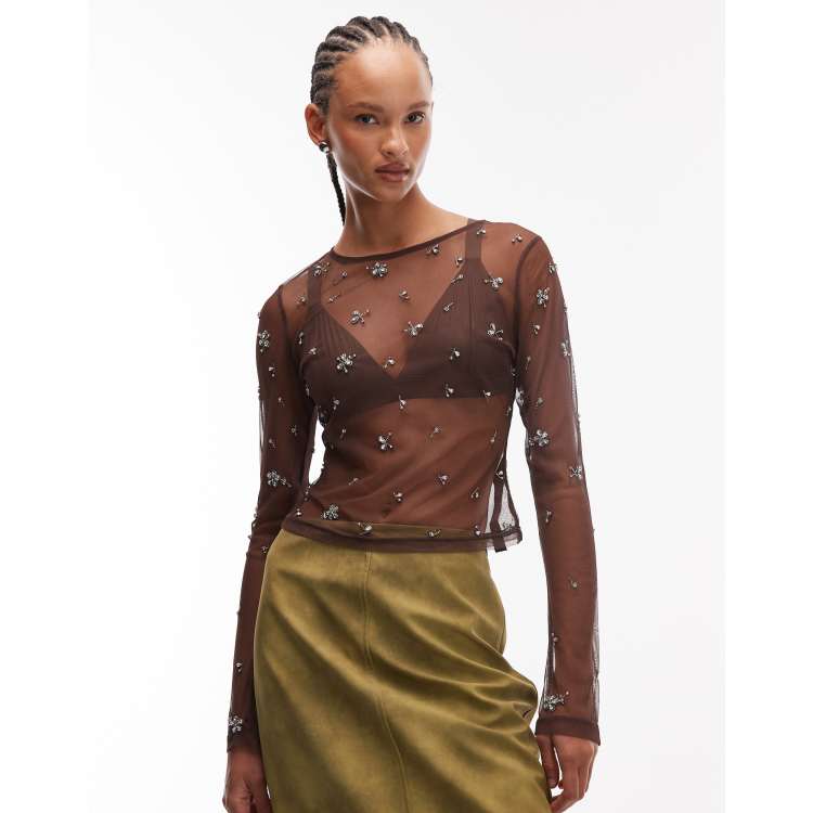 ASOS DESIGN scatter embellished sheer mesh long sleeve top in
