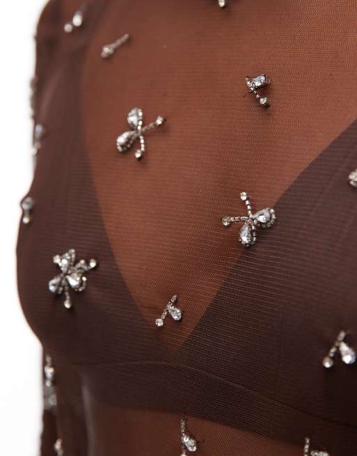 ASOS DESIGN scatter embellished sheer mesh long sleeve top in