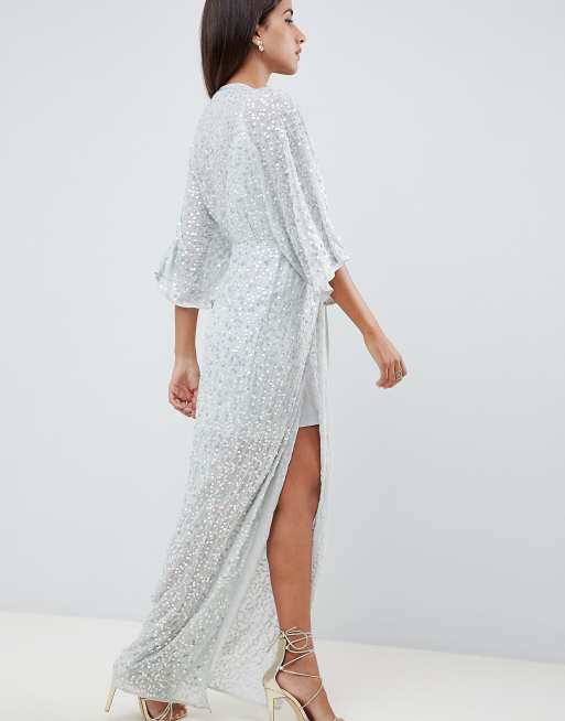 Asos design scatter sequin knot outlet front kimono maxi dress