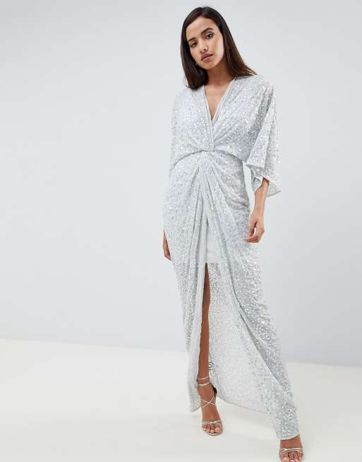 Asos design scatter sequin knot front cheap kimono maxi dress