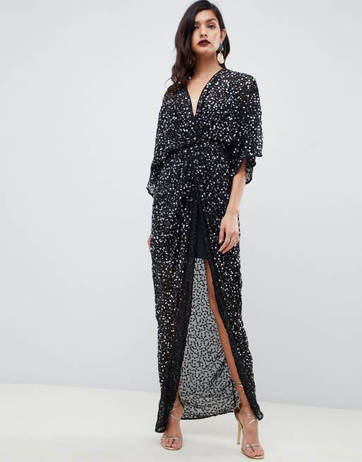 Asos design scatter sequin shop knot front kimono maxi dress