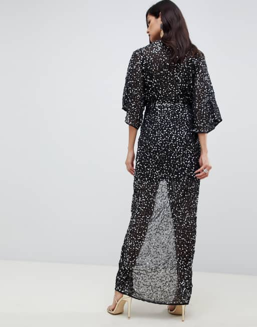 ASOS DESIGN scatter sequin knot front kimono maxi dress