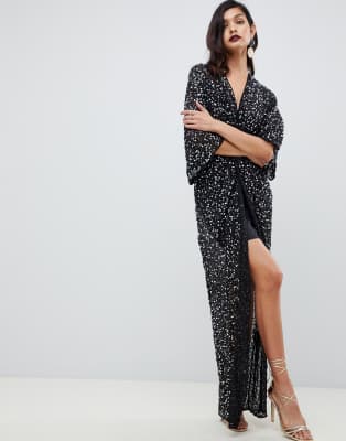 asos design tall scatter sequin knot front kimono maxi dress