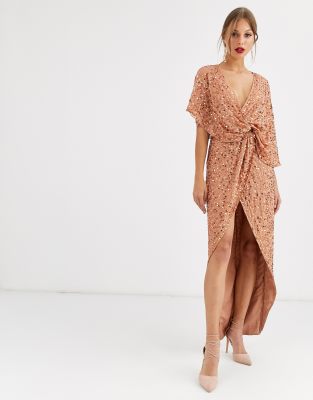 asos design tall scatter sequin knot front kimono maxi dress