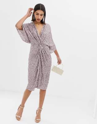 asos design scatter sequin knot front kimono midi dress