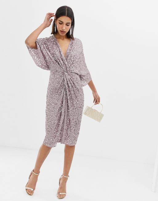 ASOS DESIGN scatter sequin knot front kimono midi dress