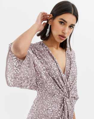 Asos design curve scatter sequin knot front kimono midi dress sale