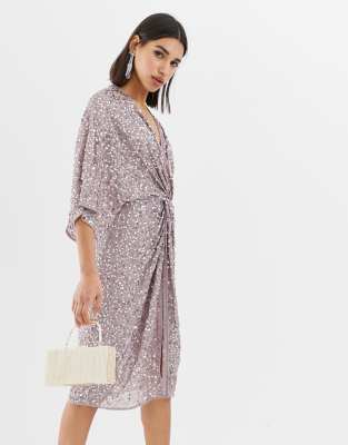 asos design curve scatter sequin knot front kimono midi dress