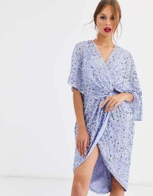 Asos design curve scatter sequin shop knot front kimono midi dress