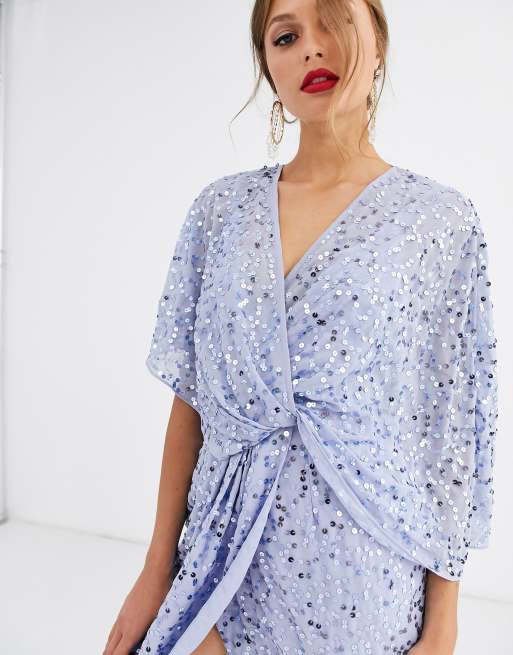 ASOS DESIGN scatter sequin knot front kimono midi dress