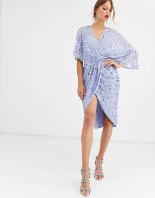 asos design scatter sequin knot front kimono mini dress