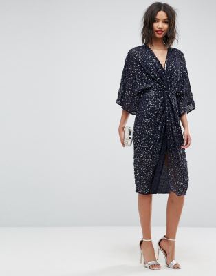 asos design scatter sequin knot front kimono midi dress