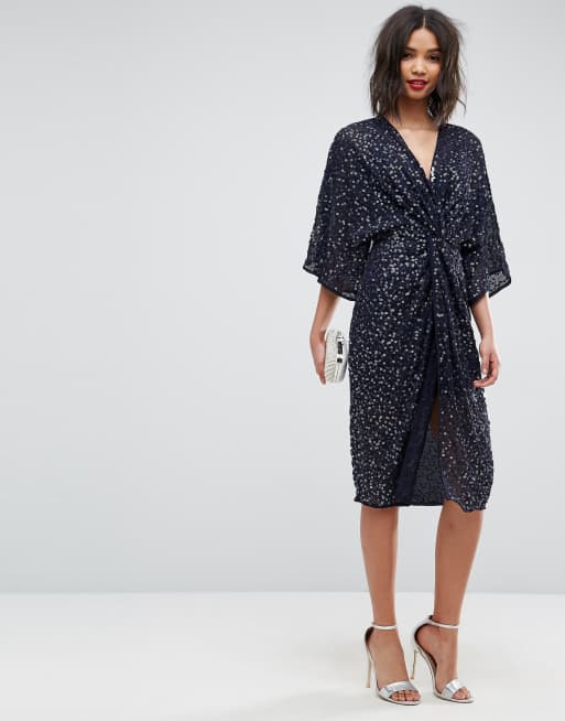 Asos design scatter sequin clearance knot front kimono maxi dress