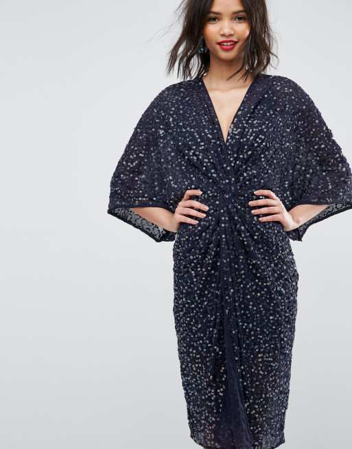 Scatter sequin knot front kimono midi dress sale