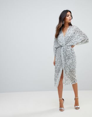 Asos design curve scatter sequin 2025 knot front kimono midi dress