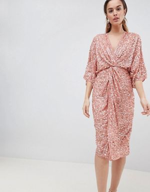 ASOS DESIGN scatter sequin knot front kimono midi dress
