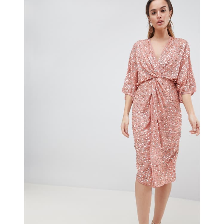 Asos design curve scatter sequin shop knot front kimono midi dress