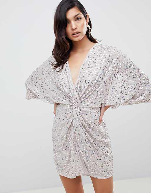 ASOS DESIGN scatter sequin knot front kimono mini dress | ASOS