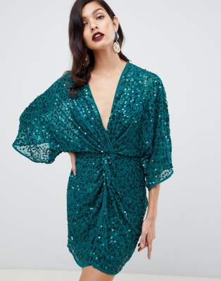 asos design scatter sequin knot front kimono mini dress