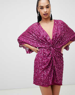 asos design scatter sequin knot front kimono mini dress