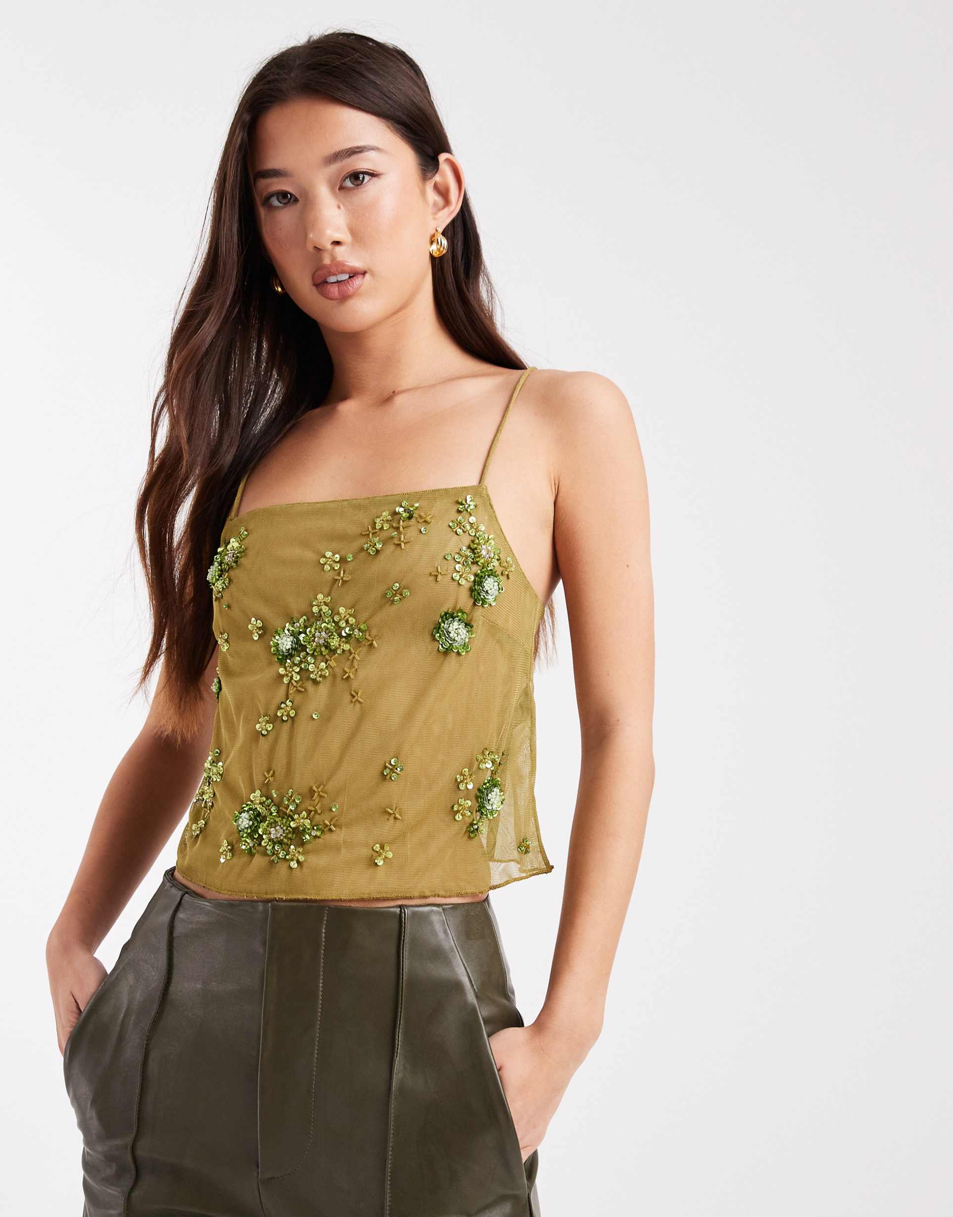asos design scatter sequin mesh cami top in olive