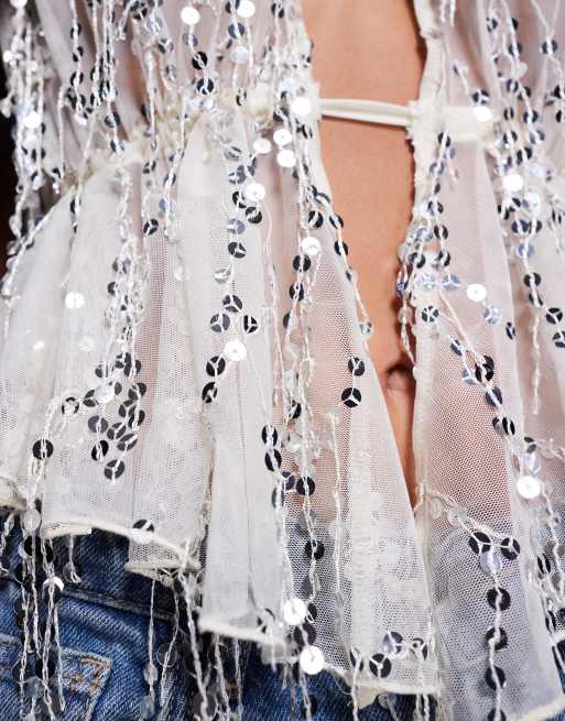 ASOS DESIGN scatter sequin mesh halter top in cream, 4 of 4