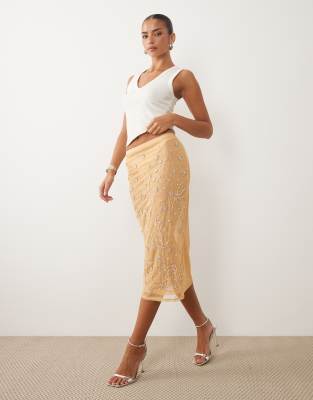 ASOS DESIGN scattered embellished mesh maxi skirt in cream
