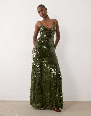 Asos Design Scattered Paillette Sequins Scoop Neck Maxi Dress In Green