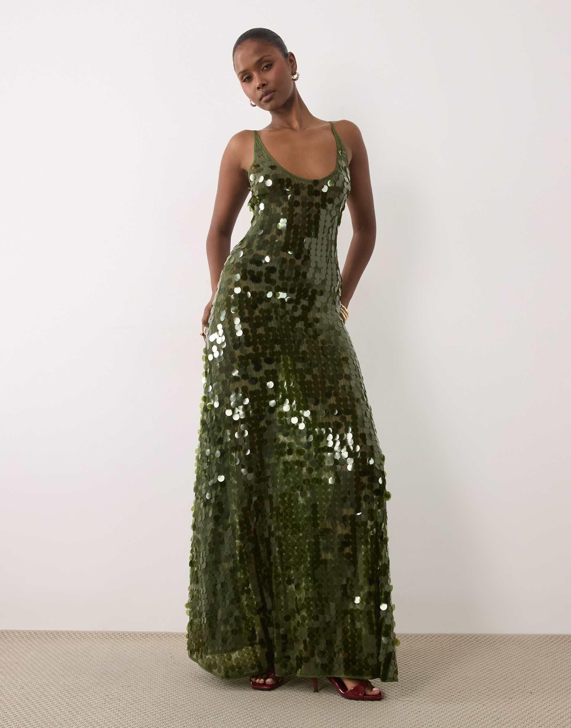 asos design scattered paillette sequins scoop neck maxi dress in dark olive