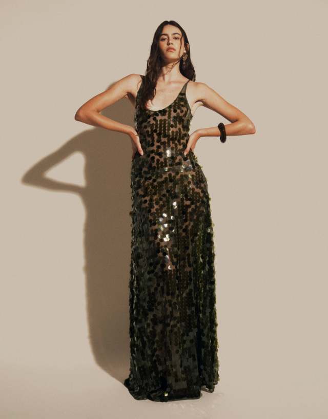 ASOS DESIGN scattered paillette sequins scoop neck maxi dress in dark olive
