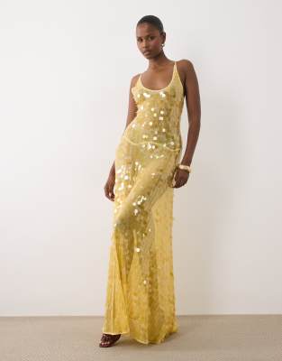 Asos Design Scattered Paillette Sequins Scoop Neck Maxi Dress In Yellow